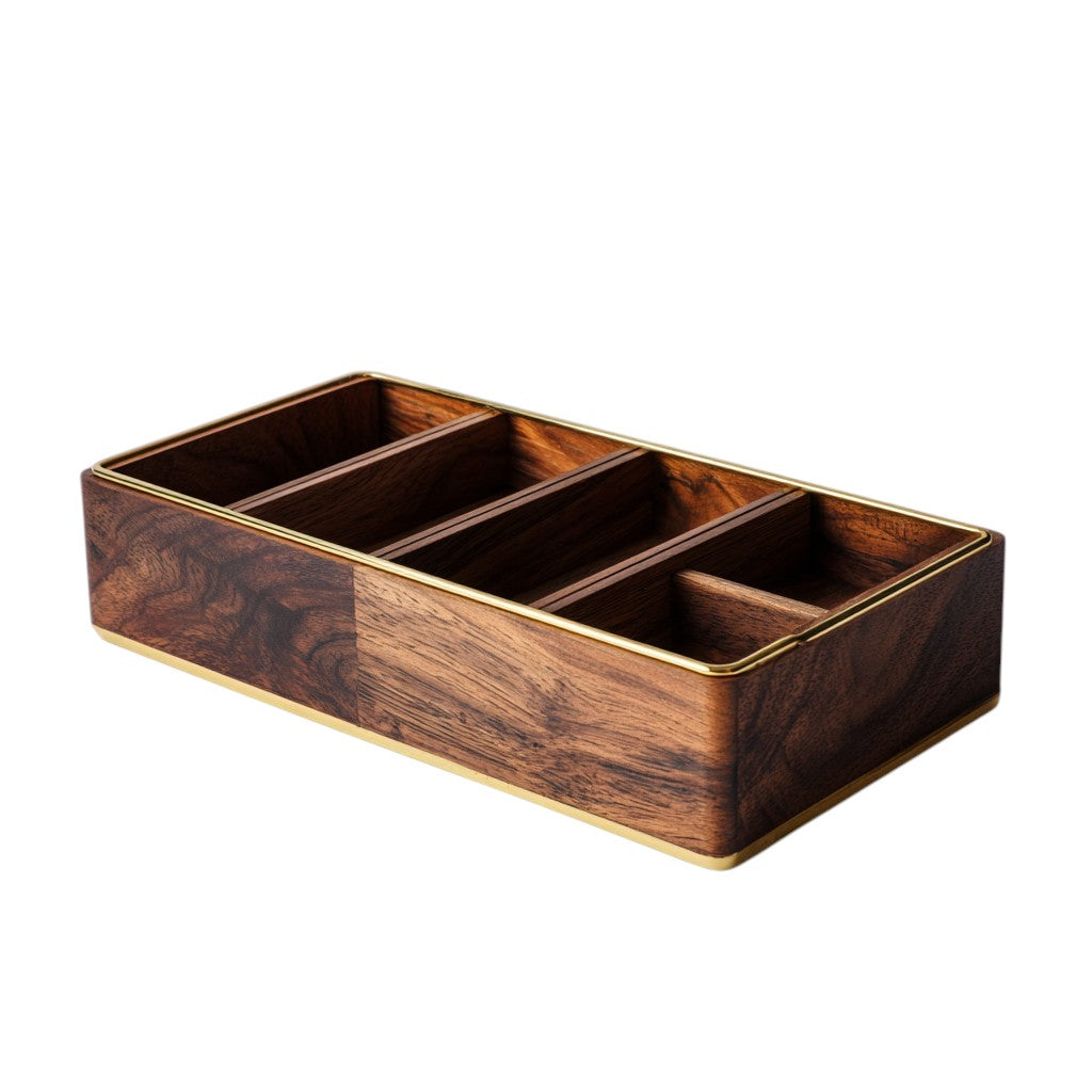 Xevon™ Heritage Walnut & Brass Desktop Organizer - Premium Multi-Compartment Office Docking Station