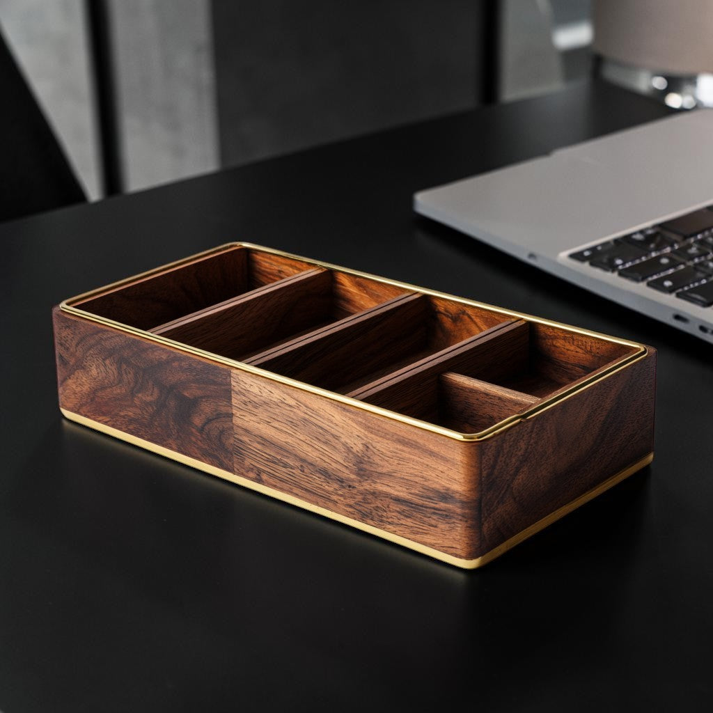 Xevon™ Heritage Walnut & Brass Desktop Organizer - Premium Multi-Compartment Office Docking Station