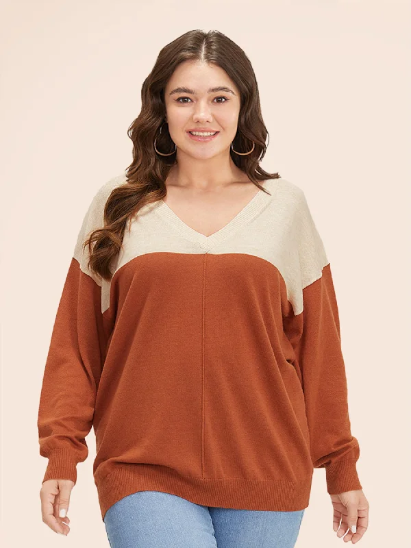 Supersoft Essentials Colorblock Two Tone Patchwork V Neck Pullover