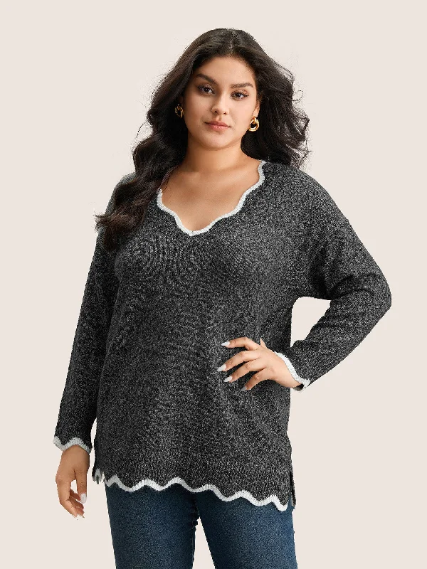 Contrast Split Side Scalloped Trim Pullover