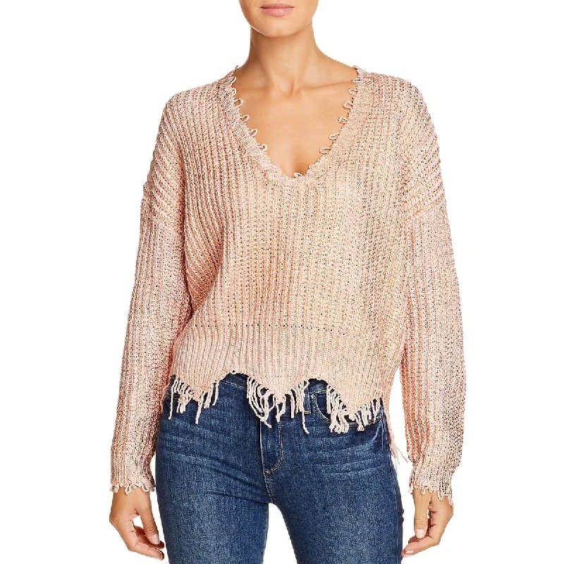 Womens Metallic Distressed V-Neck Sweater