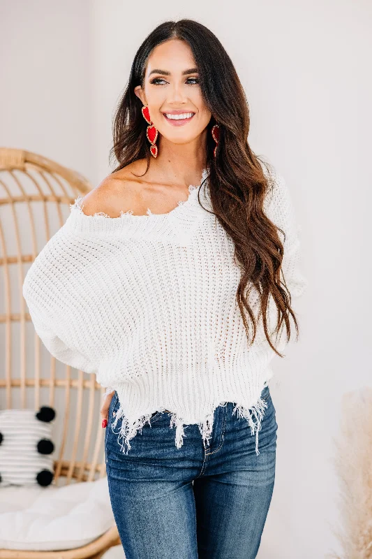 Feeling Brand New Ivory White Distressed Sweater