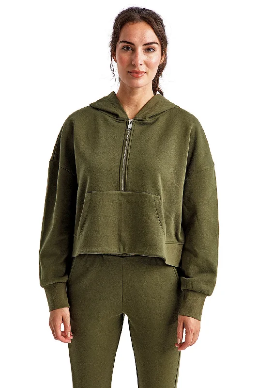 TriDri Womens Alice 1/4 Zip Hooded Sweatshirt Hoodie w/ Pouch Pocket - Olive Green