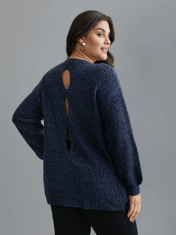 Back Cut-Out Textured Drop Shoulder Sleeve Pullover