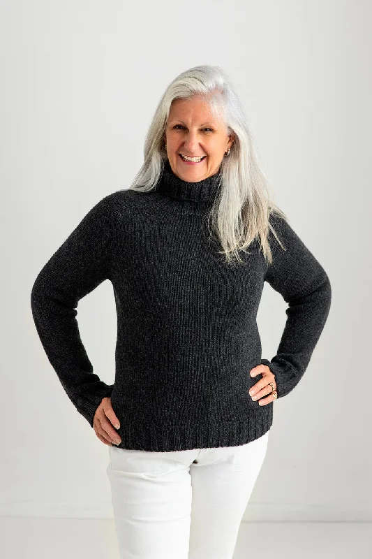 Womens Chunky Geelong Superfine Lambswool Polo Neck Jumper - Charcoal