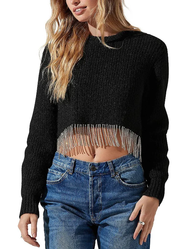 Womens Wool Blend Rhinestone Crop Sweater