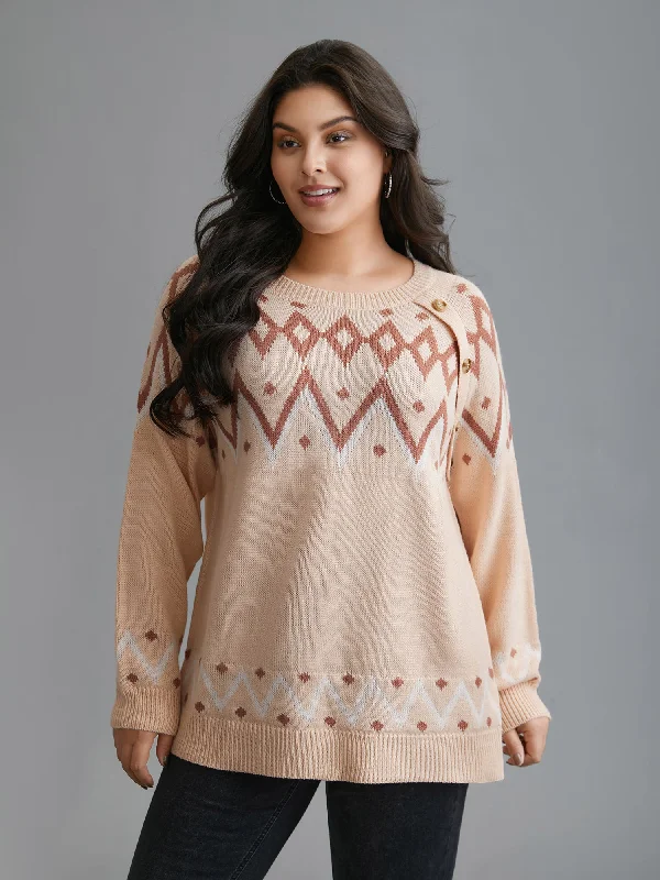 Jacquard Print Button Round Neck Pullover