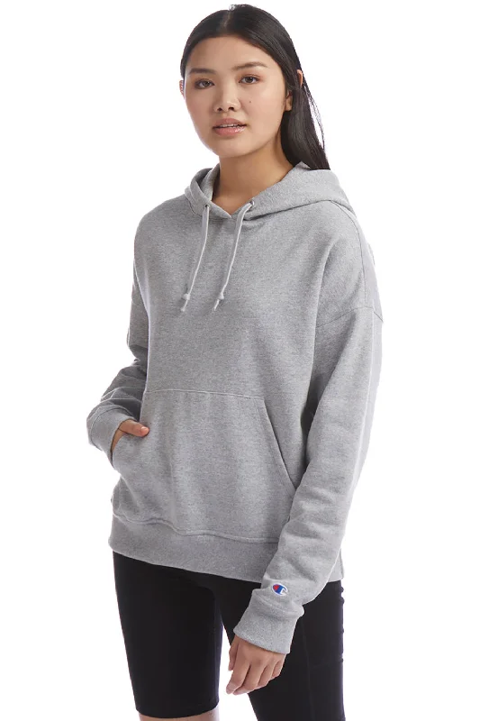 Champion Womens PowerBlend Relaxed Hooded Sweatshirt Hoodie w/ Pouch Pocket - Light Steel Grey