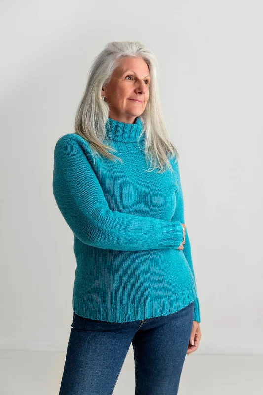 Womens Chunky Geelong Superfine Lambswool Polo Neck Jumper - Aqua