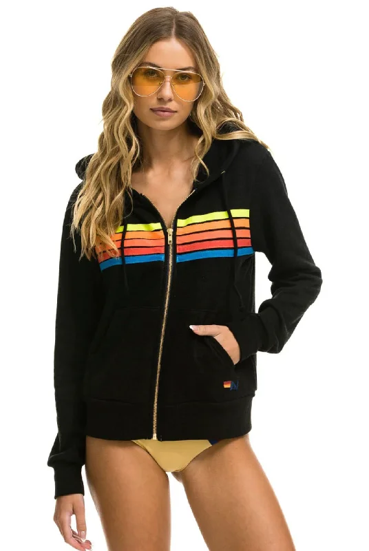 Aviator Nation 5 Stripe Zip Unisex Hoodie in BLACK // NEON RAINBOW