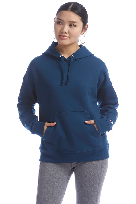 Champion Womens PowerBlend Relaxed Hooded Sweatshirt Hoodie w/ Pouch Pocket - Late Night Blue