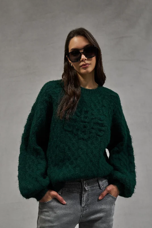 FLUFFY CABLE KNIT EMBLEM JUMPER - FOREST GREEN