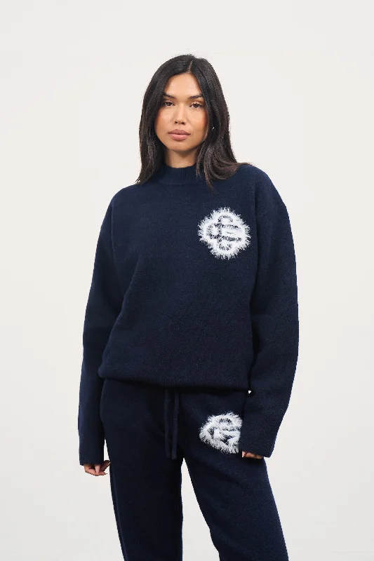 FLUFFY EMBLEM KNITTED CREW - NAVY