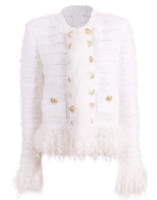 Blanc Collarless Fringe Tweed Jacket