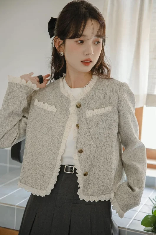 Lace Trim Tweed Jacket (Light Gray)