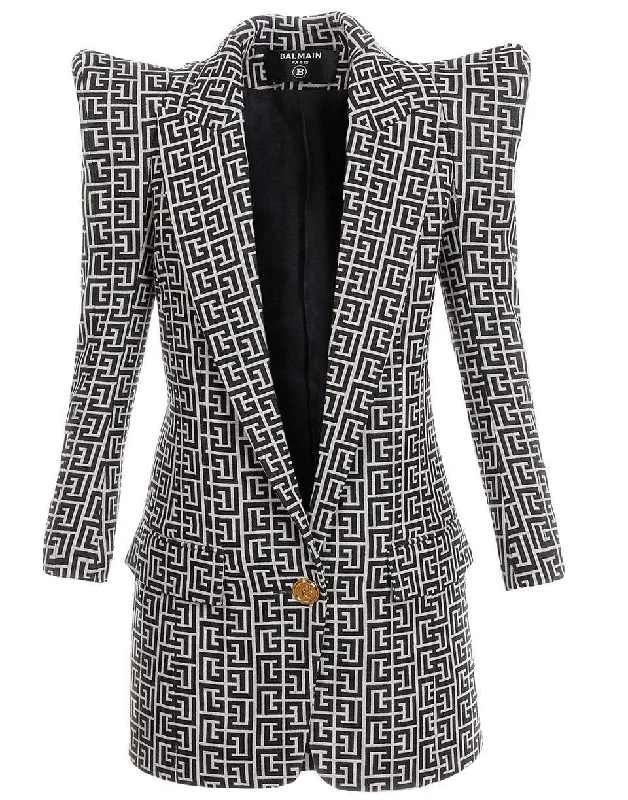 Long Bicolor Jacquard One-Button Monogram Blazer