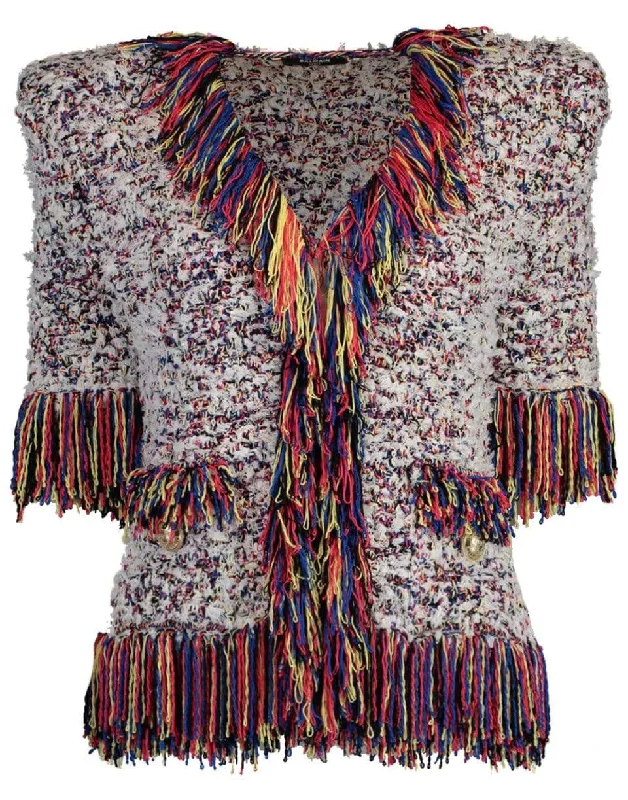 Mutli-Color Collarless Fringe Tweed Jacket