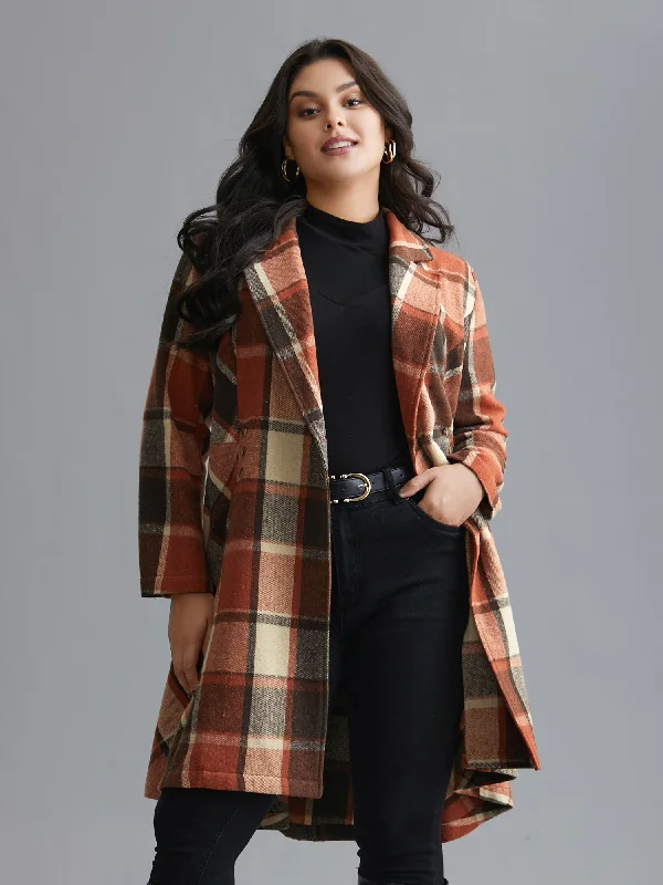 Plaid Lapel Collar Waist Button Coat