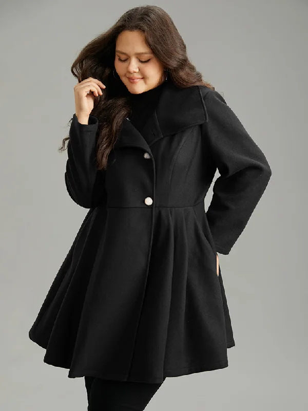 Plain Button Up Pocket Asymmetrical Lapel Collar Coat