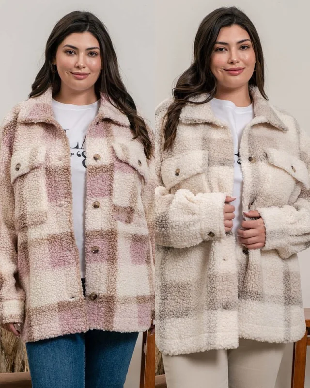 PLUS PLAID SHERPA JACKET - LIGHT PINK OR LIGHT GREY MULTI