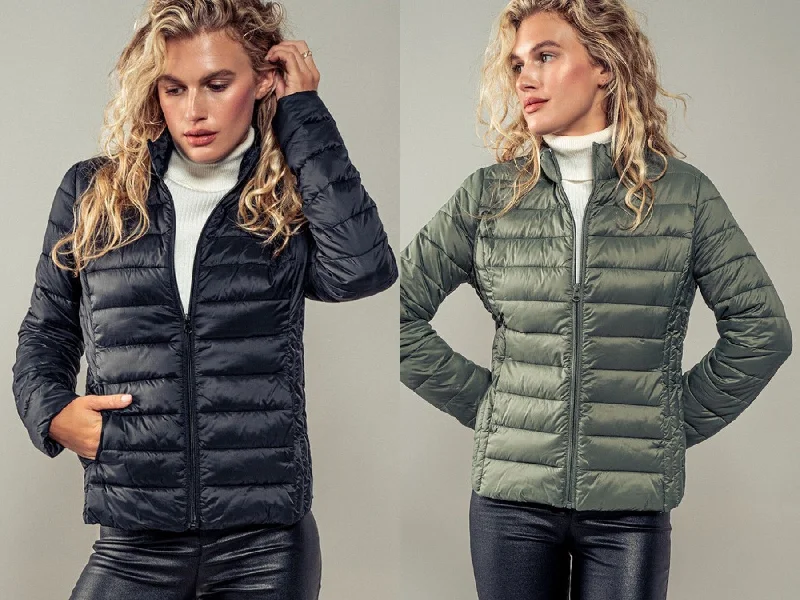 RELAXED FIT ZIP UP PUFF JACKET - BLACK OR EVERGREEN