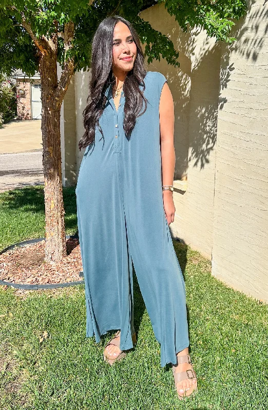 Cozy Chic Wear Be Present Teal Button Down Jumpsuit