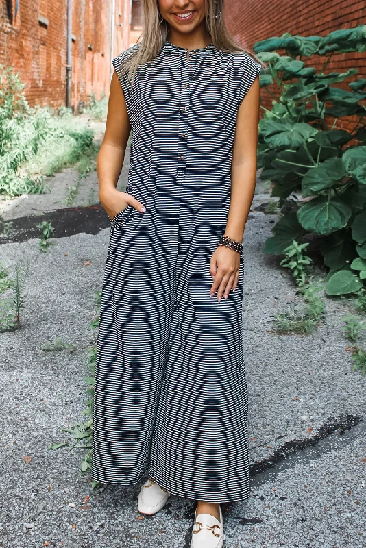 Black White Striped Button Sleeveless Jumpsuit