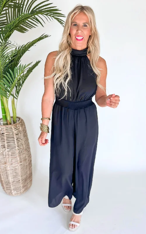 Black Wide Leg Woven Halter Jumpsuit