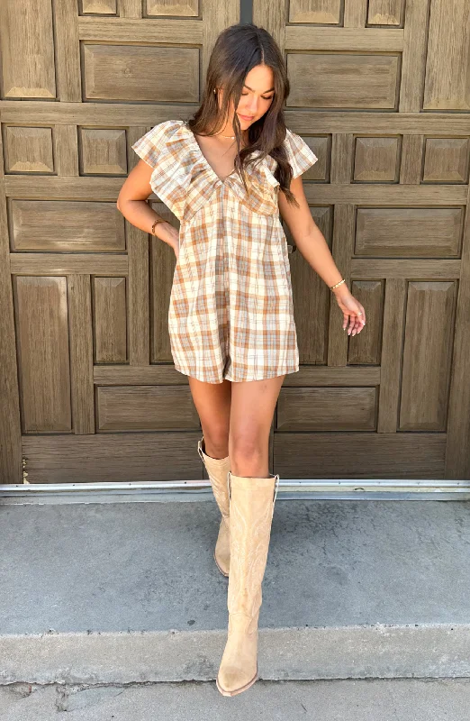 Cafe Run Brown Plaid Romper