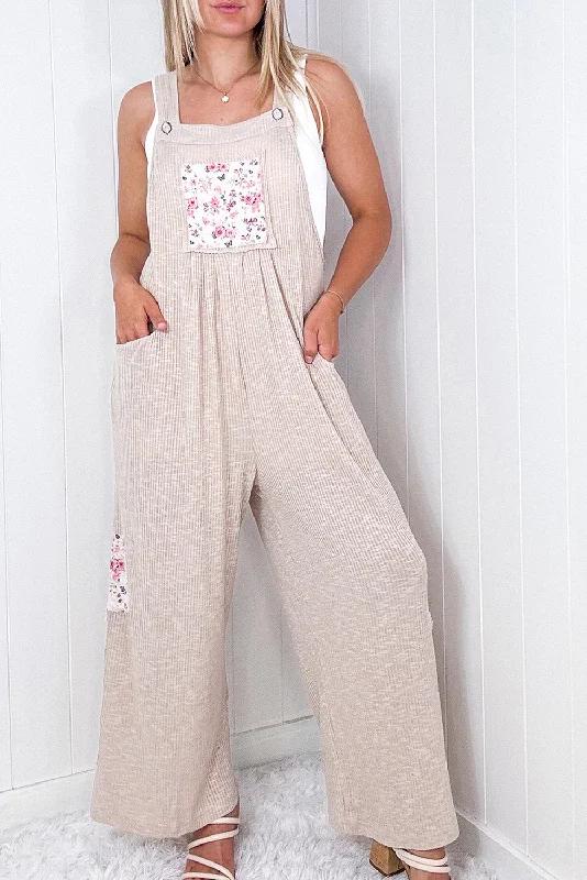 Jet Stream Floral Patchwork Ribbed Side Pockets Wide Leg Overall