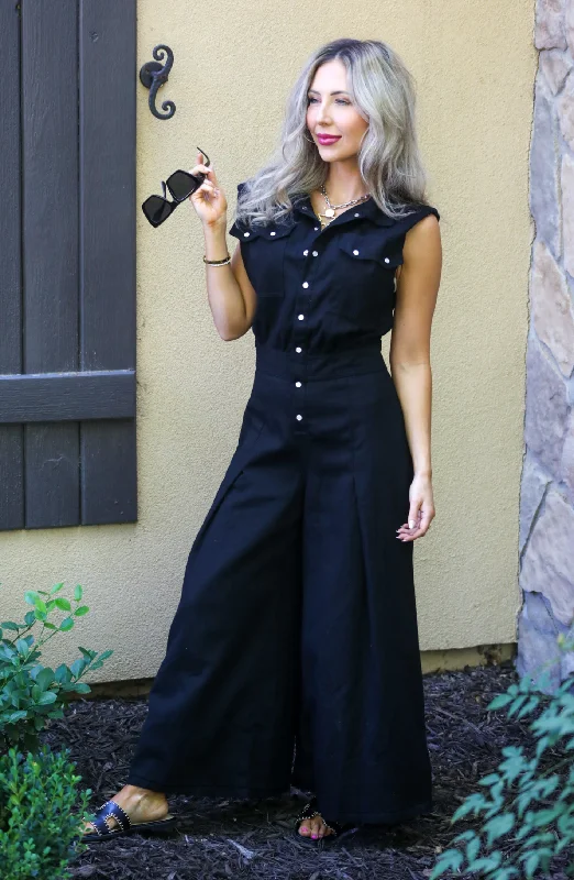 Nothing But You Black Wide Leg Denim Jumpsuit