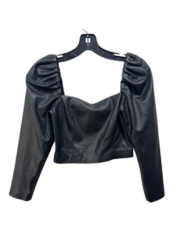 Alice & Olivia Size 2 Black Polyurethane Long Sleeve Back Zip Square Neck Top