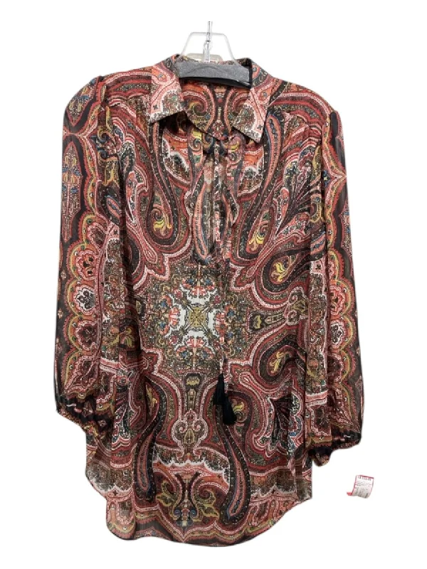 Alice + Olivia Size S Red Print Polyester Semi-Sheer Paisley Long Sleeve Top