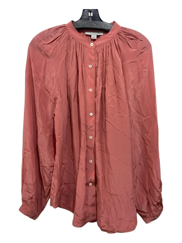 All Saints Size 4 Coral Pink Viscose Crinkle Long Sleeve Button Up Top