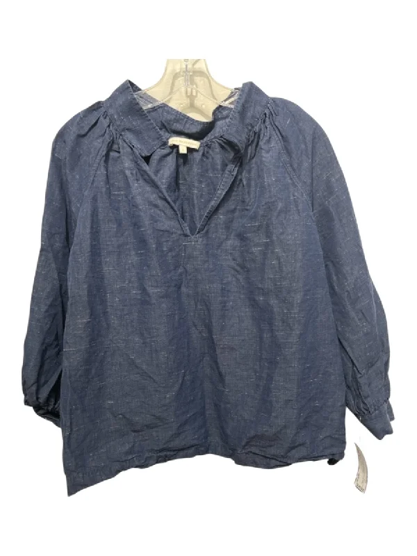 Ann Mashburn Size S Blue Cotton Heathered V Neck Collar Long Sleeve Top