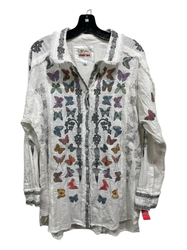 Biya Johnny Was Size XL White & Multi Cotton Long Sleeve Butterflies Frayed Top