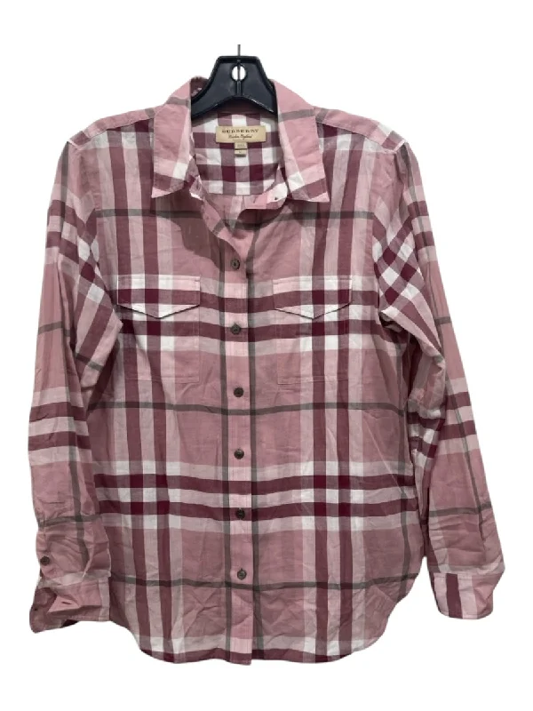 Burberry Size Medium Pink, Red, White Cotton Long Sleeve Tartan Plaid Collar Top