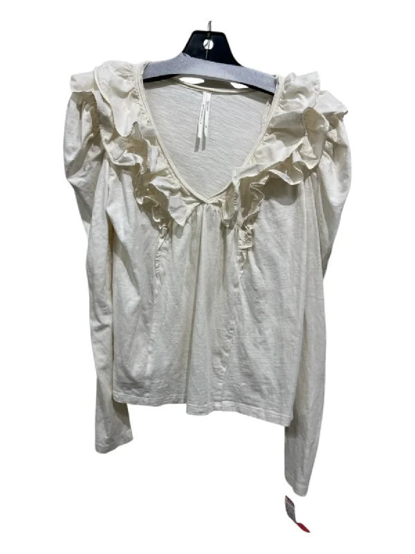 By Anthropologie Size XS Cream Cotton Ruffle Neck Long Sleeve V Neck Top