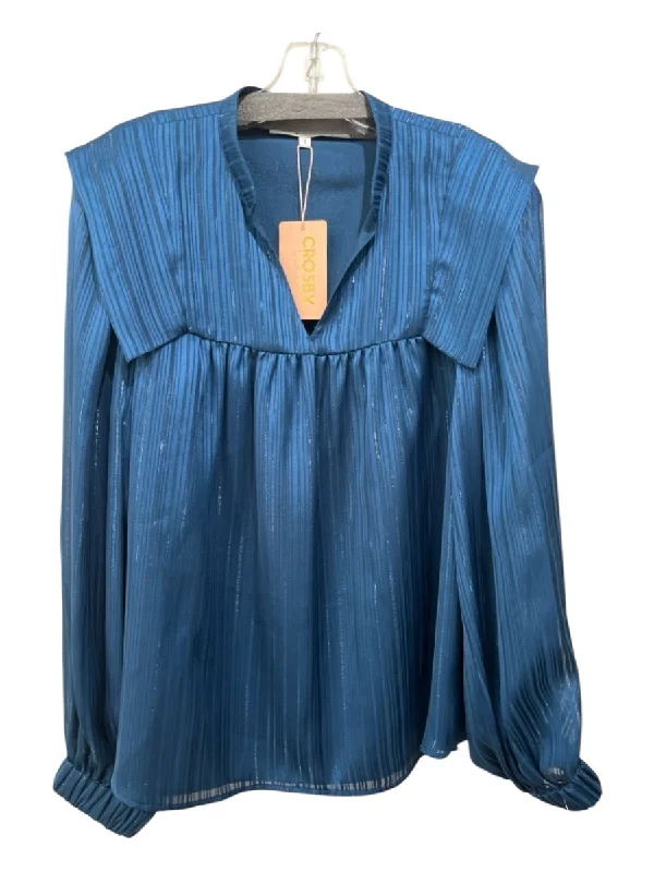 Crosby Size S Blue Polyester Shimmer V Neck Long Sleeve Top