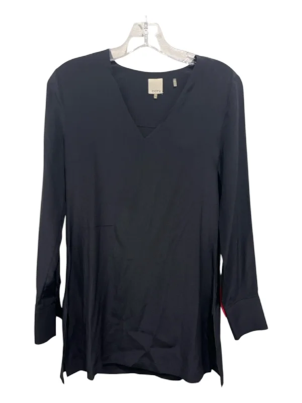 Ecru Size XS Black Silk V Neck Long Sleeve Top