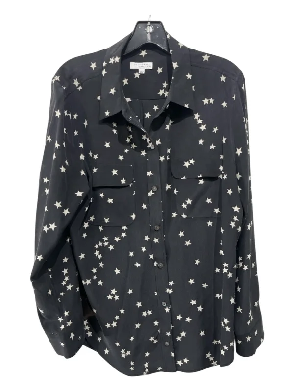 Equipment Size XL Black & White Silk Button Up stars Long Sleeve Top