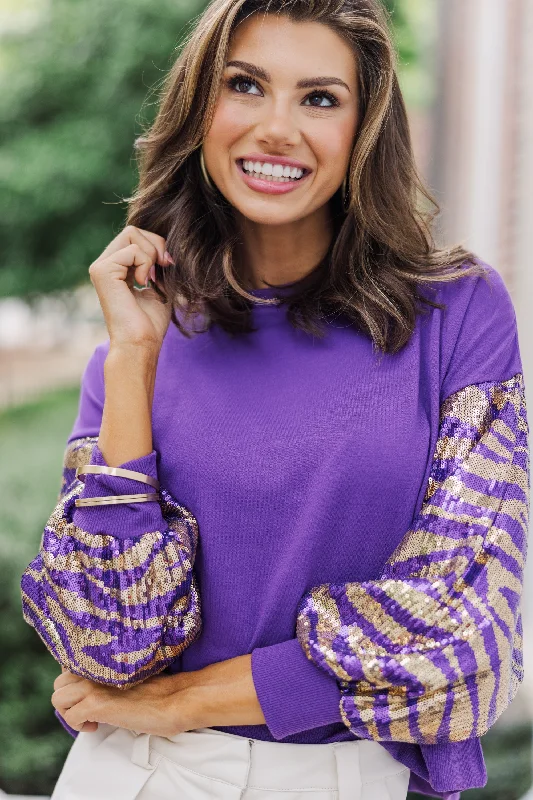 First In Line Purple Tiger Sequin Blouse