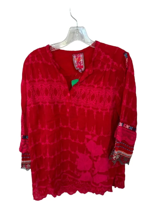 Johnny Was Size M Red & Teal Rayon Long Sleeve Embroider Detailing Buttons Top