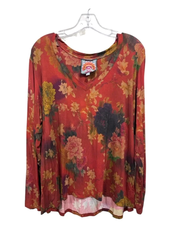 Johnny Was Size XL Red, Black, Green Viscose Blend Long Sleeve Floral V Neck Top