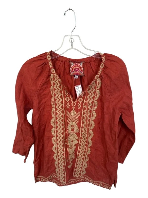 Johnny Was Size XS Rust & Tan Linen Long Sleeve Embroider Detailing Top