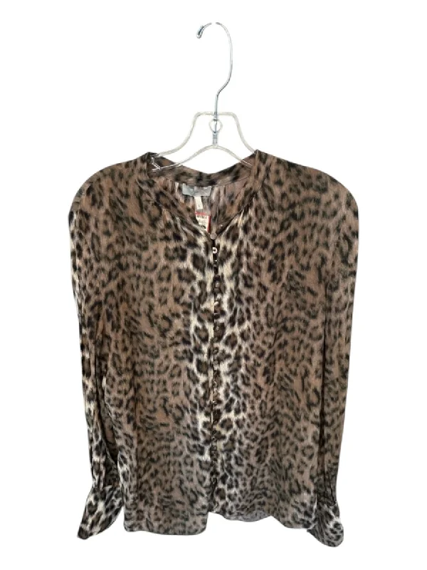 Joie Size L Brown Print Viscose Animal Print Long Sleeve V Neck Button Front Top