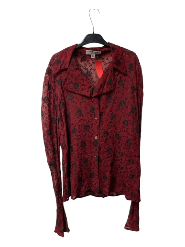 Katharine Hamnett Size 46 Cranberry & Black No Fabric Tag Long Sleeve Floral Top