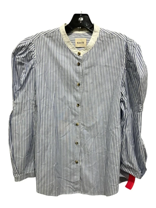 Khaite Size L Blue & White Cotton Vertical Pinstripe Button Up Long Sleeve Top