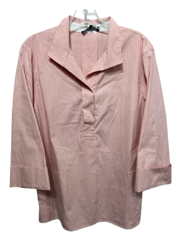 Lafayette 148 Size M Pink & White Cotton Blend Vertical Pinstripe Collar Top