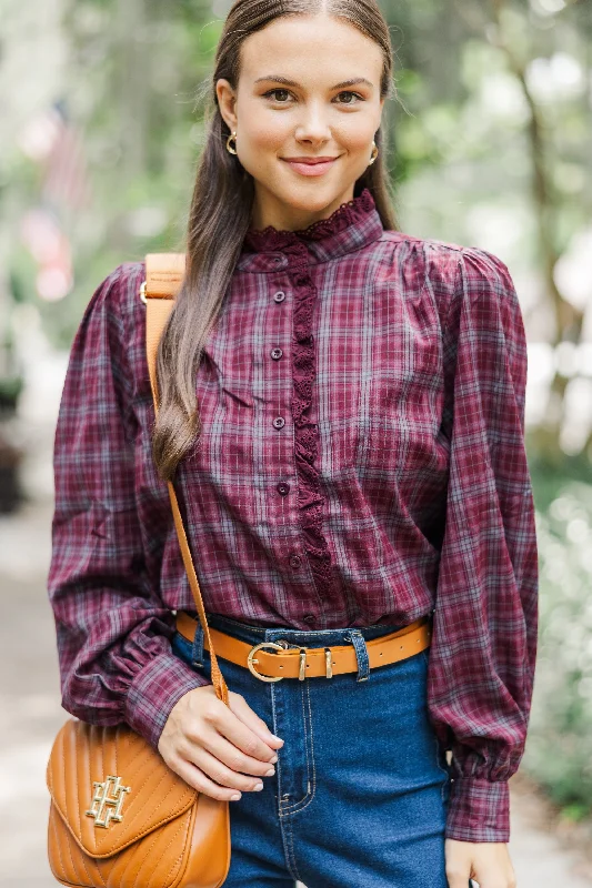 Leave It All Behind Wine Red Plaid Blouse